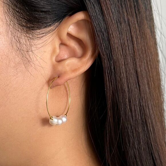 Pearl Hoop Earrings Gold Plated White Pearl Hoops Sterling Silver Jewelry Gift - Picture 1 of 5